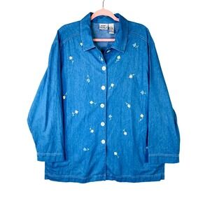 Koret City Blues Womens XL Denim Shirt Jacket Floral Embroidered Blue Cotton XL